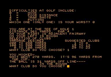 Golf (text) game screenshot for Commodore PET